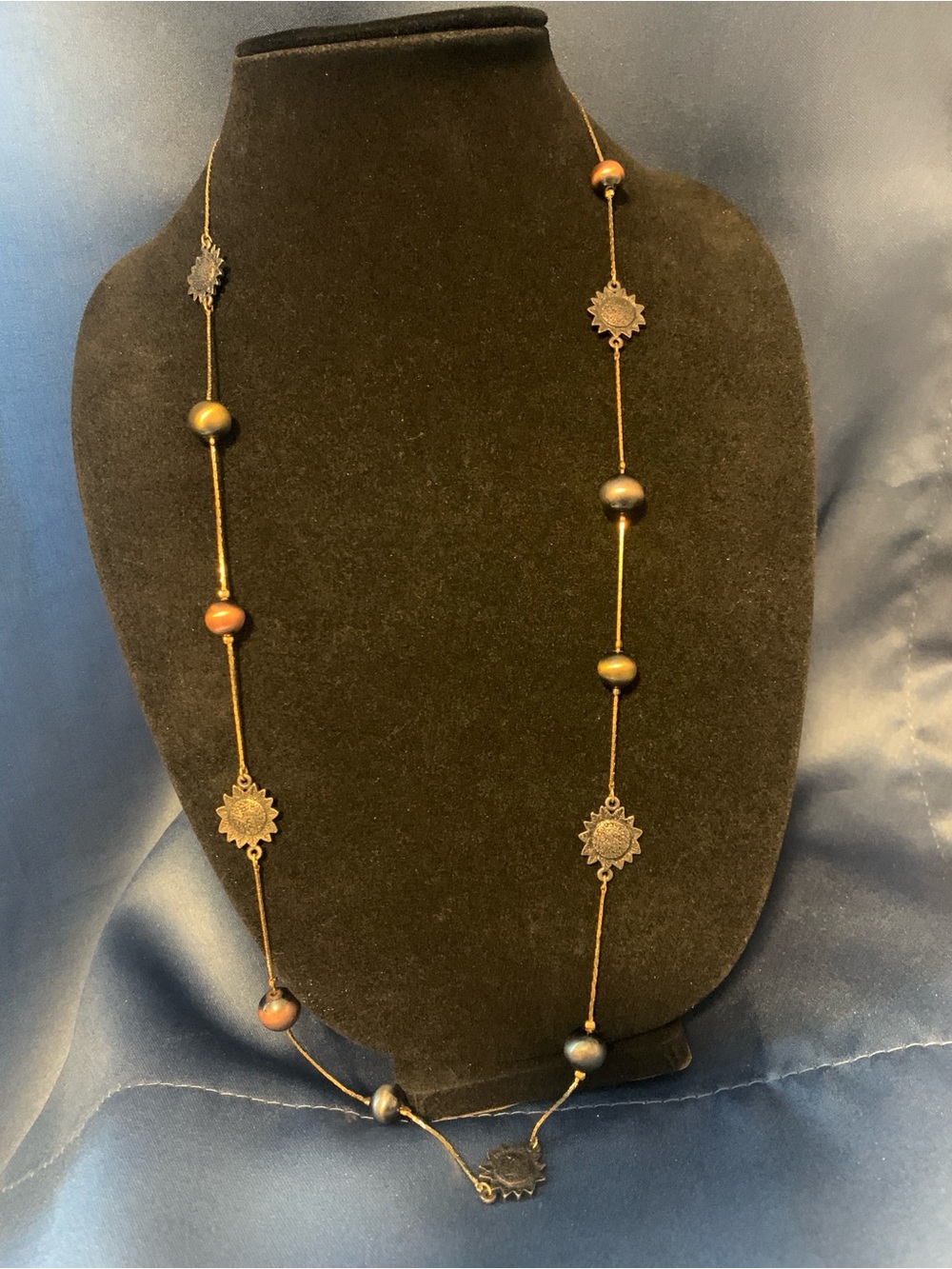 Avon Gold-Tone Sunburst Long Necklace with Brown Beads
